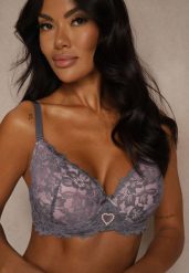 Szaro-Różowy Koronkowy Biustonosz Ozdobiony Cyrkoniowym Sercem Bothilei. Szare biustonosze Renee, bez wzorów, z jeansu. Za 39.99 zł.