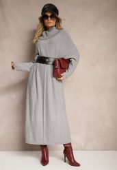 Szara Sweterkowa Sukienka z Wiskozą z Golfem i Eleganckimi Rozcięciami Elettrina. Szare sukienki damskie Renee, bez wzorów, z wiskozy, eleganckie, bez ramiączek. W wyprzedaży za 95.99 zł.