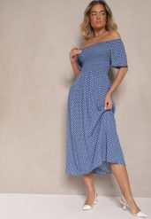 Niebieska Bawełniana Sukienka o Rozkloszowanym Kroju Zdobiona Printem w Groszki Lisanovia. Niebieskie sukienki damskie Renee, z aplikacjami, z bawełny, eleganckie, bez ramiączek. W wyprzedaży za 43.99 zł.