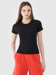 4F T-shirt slim z prążkowanej dzianiny damski - czarny XL. Czarne t-shirty damskie 4F, xl, bez wzorów, z bawełny, bez kołnierzyka. W wyprzedaży za 39.99 zł.