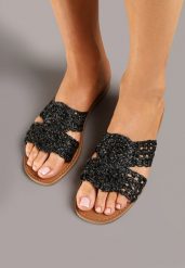 Czarne Klapki z Plecioną Cholewką Liswia. Czarne klapki damskie Renee, bez wzorów, bez obcasa, na obcasie, bez zapięcia. Za 49.99 zł.