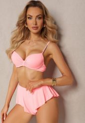 Jasnoróżowe Bikini Usztywniany Biustonosz z Cyrkoniami i Spodenki Kąpielowe Wykończone Gumką w Pasie Rilamia. Czerwone bikini Renee, z aplikacjami. Za 54.99 zł.