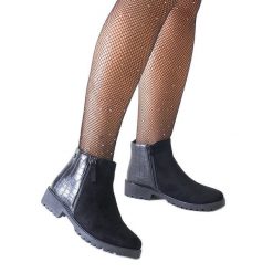 Czarne botki z motywem skóry krokodyla eko-zamsz Mifsada. Czarne botki damskie na zimę, z gumy, eleganckie, za kostkę, bez obcasa, na obcasie, bez zapięcia. Za 101.26 zł.