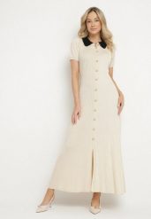 Jasnobeżowa Rozkloszowana Sukienka Retro z Wiskozy z Guzikami i Kołnierzykiem Andival. Brązowe sukienki damskie Born2be, z aplikacjami, z wiskozy, eleganckie, bez ramiączek. W wyprzedaży za 161.49 zł.