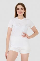 KARL LAGERFELD Biały t-shirt Rhinestone Logo. Białe t-shirty damskie KARL LAGERFELD, xs, bez wzorów, bez kołnierzyka. W wyprzedaży za 299.99 zł.