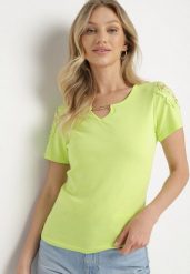 Zielony Bawełniany T-shirt z Łańcuszkiem i Koronką Liraveira. Zielone t-shirty damskie Born2be, m, z aplikacjami, z bawełny, bez kołnierzyka. Za 39.99 zł.
