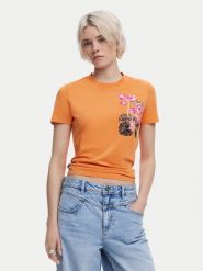 Desigual T-Shirt Botanical 25SWTK48 Pomarańczowy Slim Fit. Brązowe t-shirty damskie Desigual, l, bez wzorów, z bawełny, bez kołnierzyka. Za 79.99 zł.