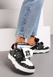Czarno-Białe Sneakersy na Płaskiej Podeszwie Ozdobione Napisami Griefra. Czarne obuwie sportowe damskie Renee, z materiału, bez zapięcia. Za 89.99 zł.