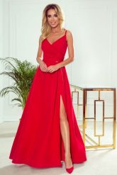 Długa sukienka na wesele rozkloszowana na ramiączkach czerwona. Czerwone sukienki damskie Sukienki.shop, bez wzorów, wizytowe, bez ramiączek. Za 349.00 zł.