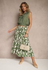 Zielone Szerokie Spodnie Culottes z Gumką Zdobione Geometrycznym Printem Sartebia. Zielone spodnie materiałowe damskie Renee, z aplikacjami, z jeansu. Za 44.99 zł.