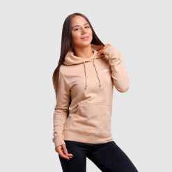 Bluza damska fitness z kapturem piaskowa PRO. Białe bluzy damskie GYMBEAM, m, bez wzorów, z bawełny, z kapturem. Za 88.90 zł.