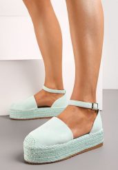 Jasnozielone Espadryle z Ekozamszu na Platformie z Jutowej Plecionki Omizza. Zielone espadryle damskie Renee, bez wzorów, bez obcasa, na platformie. Za 44.99 zł.