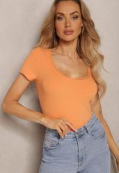 Pomarańczowa Bluzka z Trójkątnym Dekoltem z Koronką Thisalla. Brązowe bluzki damskie Renee, l, bez wzorów, z bawełny, eleganckie, bez kołnierzyka, bez ramiączek. Za 49.99 zł.