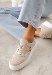 Beżowe Skórzane Sneakersy na Platformie z Metaliczną Aplikacją Idapheosis. Brązowe obuwie sportowe damskie Renee, z dresówki, bez zapięcia. Za 189.99 zł.