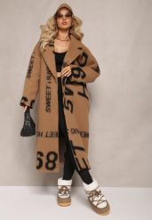 Ciemnobeżowy Luźny Płaszcz Wełniany w Ozdobny Nadruk Misganna. Brązowe płaszcze damskie Renee, bez wzorów, z tkaniny, bez kaptura. Za 259.99 zł.