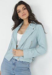 Jasnoniebieska Kurtka Ramoneska z Suwakami i Ozdobnymi Paskami Heslo. Niebieskie kurtki damskie Born2be, l, bez wzorów, bez kaptura. Za 159.99 zł.