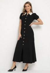 Czarna Rozkloszowana Sukienka Retro z Wiskozy z Guzikami i Kołnierzykiem Andival. Czarne sukienki damskie Born2be, z aplikacjami, z wiskozy, eleganckie, bez ramiączek. W wyprzedaży za 144.49 zł.