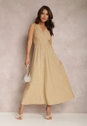 Beżowo-Złota Sukienka Sematea. Brązowe sukienki damskie Renee, z aplikacjami, eleganckie, bez ramiączek. W wyprzedaży za 143.99 zł.