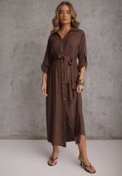 Brązowa Koszulowa Sukienka z Bawełny z Wiązanym Paskiem i Podpinanymi Rękawami Cesela. Brązowe sukienki damskie Renee, bez wzorów, z bawełny, boho, bez ramiączek. Za 119.99 zł.
