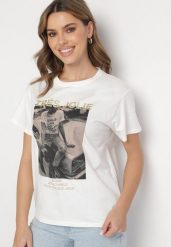 Biały T-shirt z Bawełny Ozdobiony Nadrukiem i Brokatem Marionel. Białe t-shirty damskie Born2be, m, z aplikacjami, z bawełny, bez kołnierzyka. Za 34.99 zł.