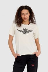 AERONAUTICA MILITARE Kremowy luźny t-shirt damski z wypukłym orłem Comfort Fit. Brązowe t-shirty damskie Aeronautica Militare, s, bez wzorów, z bawełny, bez kołnierzyka. W wyprzedaży za 299.99 zł.