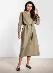 Sukienka rozkloszowana z długim rękawem i paskiem zielona. Zielone sukienki damskie Infinite You, bez wzorów, z materiału, biznesowe, bez ramiączek. Za 349.00 zł.