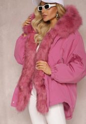 Różowa Kurtka Parka Oversize z Futerkiem Horelle. Czerwone kurtki damskie Renee, na zimę, l, z aplikacjami, z tkaniny, bez kaptura. Za 369.99 zł.