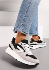 Czarno-Beżowe Sneakersy na Grubej Podeszwie z Materiałowymi Wstawkami i Ozdobnymi Przeszyciami Orbane. Czarne obuwie sportowe damskie Renee, z materiału, bez zapięcia. Za 89.99 zł.