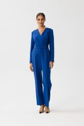 Chabrowy Kombinezon z Wiązaniem w Talii. Niebieskie kombinezony damskie MOE, l, bez wzorów, z elastanu, eleganckie, bez kołnierzyka, bez ramiączek. Za 379.90 zł.