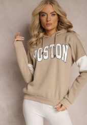 Beżowa Bawełniana Bluza z Kapturem w Amerykańskim Stylu z Napisem i Polarem Iocaste. Brązowe bluzy damskie Renee, bez wzorów, z bawełny, z kapturem. Za 79.99 zł.
