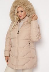 Beżowa Kurtka z Szerokim Pikowaniem i Kapturem z Futerkiem Hietala. Brązowe kurtki damskie Born2be, xl, bez wzorów. Za 309.99 zł.