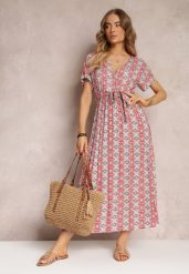 Czerwona Rozkloszowana Sukienka z Wiskozy z Gumką w Pasie Branda. Czerwone sukienki damskie Renee, bez wzorów, z wiskozy, eleganckie, bez ramiączek. W wyprzedaży za 29.99 zł.