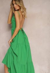 Zielona Sukienka o Rozkloszowanym Fasonie Wiązana i Wykończona Gumką z Tyłu Hililena. Zielone sukienki damskie Renee, bez wzorów, eleganckie, bez ramiączek. W wyprzedaży za 39.99 zł.