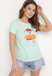 Miętowy T-shirt Bawełniany z Nadrukiem Rusolia. Zielone t-shirty damskie Born2be, s, bez wzorów, z bawełny, bez kołnierzyka. Za 34.99 zł.