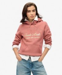 Luksusowa bluza z kapturem z metalicznym logo. Czerwone bluzy damskie Superdry, bez wzorów, z bawełny, z kapturem. Za 420.10 zł.