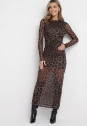 Brązowa Dopasowana Sukienka Maxi w Panterkę Lehtinen. Brązowe sukienki damskie Born2be, bez wzorów, z tkaniny, bez ramiączek. W wyprzedaży za 135.99 zł.