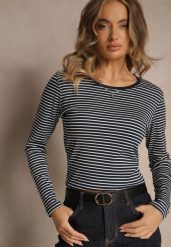 Granatowa Bluzka Longsleeve Ozdobiona Paskami i Cyrkoniami Ralenea. Niebieskie bluzki damskie Renee, l, bez wzorów, z jeansu, eleganckie, bez kołnierzyka, bez ramiączek. Za 49.99 zł.