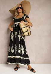 Czarna Wiskozowa Sukienka Boho z Falbankami i Gumką w Talii na Szerokich Ramiączkach Dreria. Czarne sukienki damskie Renee, w ażurowe wzory, z materiału, boho, bez ramiączek. W wyprzedaży za 91.99 zł.