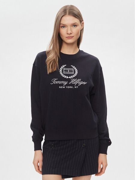 Tommy Hilfiger Bluza Flag Script WW0WW41758 Granatowy Regular Fit. Niebieskie bluzy damskie Tommy Hilfiger, s, bez wzorów, z bawełny, bez kaptura. Za 459.99 zł.