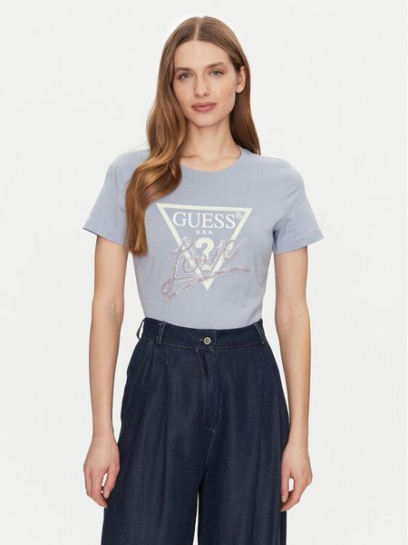 Guess T-Shirt W5GI05 I3Z14 Błękitny Regular Fit. Niebieskie t-shirty damskie Guess, xs, z aplikacjami, z bawełny, bez kołnierzyka. Za 119.99 zł.