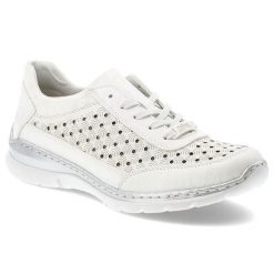 Półbuty damskie Rieker, skóra naturalna perforowana cholewka sznurowany fason lekka elastyczna podeszwa okrągły nosek, białe, L3217-80. Białe półbuty damskie Rieker, bez wzorów, ze skóry, z okrągłym noskiem, bez obcasa, na płaskiej podeszwie, bez zapięcia. Za 349.00 zł.