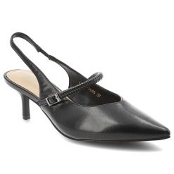 Czółenka damskie S.Barski, cholewka ze skóry naturalnej licowej pasek wokół pięty z regulacją na klamrę zabudowany szpiczasty przód, czarne, CR61-304. Czarne czółenka damskie S.BARSKI, bez wzorów, ze skóry, ze szpiczastym noskiem, bez obcasa. Za 239.00 zł.