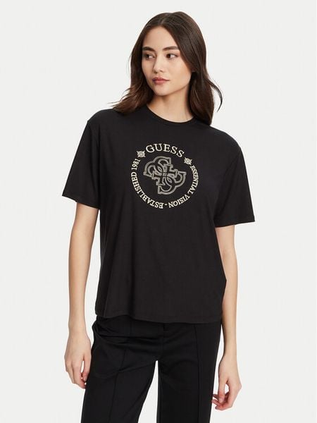 Guess T-Shirt V5YI05 KCOA2 Czarny Regular Fit. Czarne t-shirty damskie Guess, l, z aplikacjami, z wiskozy, bez kołnierzyka. Za 99.99 zł.