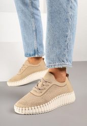 Beżowe Ażurowe Sneakersy na Grubej Podeszwie z Tłoczeniem Ronele. Brązowe obuwie sportowe damskie Born2be, bez zapięcia. Za 99.99 zł.