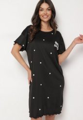 Czarna Koszula Nocna z Bawełną w Kropki z Napisem Firasine. Czarne koszule nocne i halki Born2be, bez wzorów, z bawełny, bez ramiączek. Za 39.99 zł.
