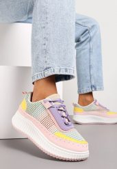 Różowo-Fioletowe Sznurowane Sneakersy na Platformie Dimakis. Czerwone obuwie sportowe damskie Renee, bez zapięcia. Za 99.99 zł.