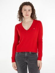 TOMMY JEANS Sweter w kolorze czerwonym rozmiar: L. Czerwone swetry klasyczne damskie Tommy Jeans, l, z bawełny, bez kołnierzyka. Za 166.88 zł.