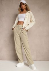 Beżowe Spodnie z Wiskozą High Waist z Ozdobną Aplikacją Frovanna. Brązowe spodnie materiałowe damskie Renee, z aplikacjami, z jeansu. Za 49.99 zł.