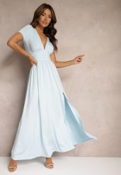 Miętowa Sukienka Maxi z Rozkloszowanym Dołem i Rozcięciem Zarya. Niebieskie sukienki damskie Renee, bez wzorów, bez ramiączek. Za 159.99 zł.