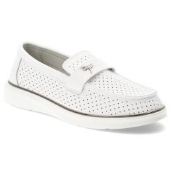 Mokasyny damskie Vinceza, cholewka ze skóry naturalnej licowej z perforacją wsuwany fason z ozdobnym paskiem zabudowany przód na lekkiej podeszwie, b. Białe mokasyny damskie VINCEZA, ze skóry, bez obcasa. Za 159.00 zł.